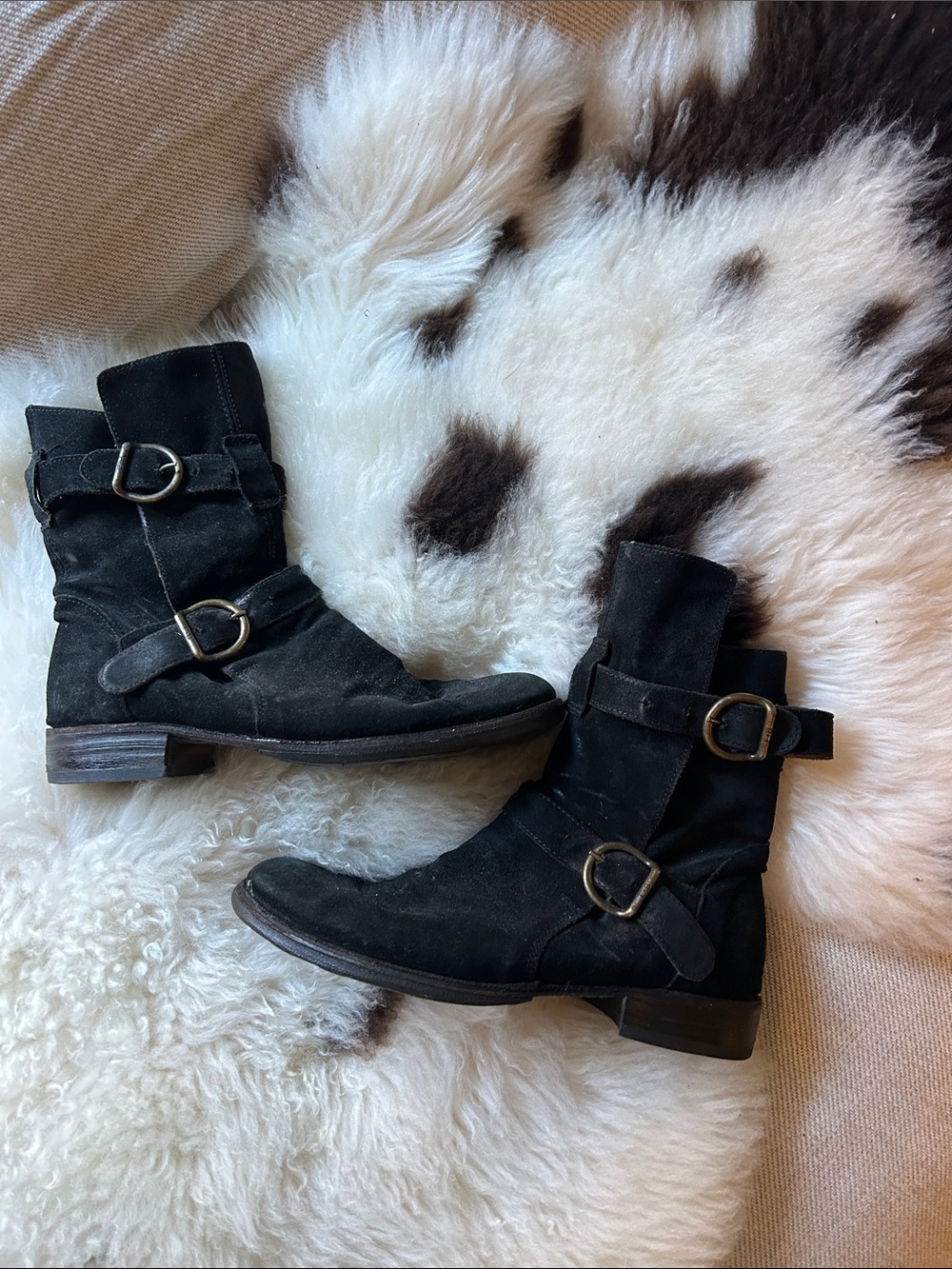 Fiorentini + Baker Black Suede Mid-Calf Buckle Boots